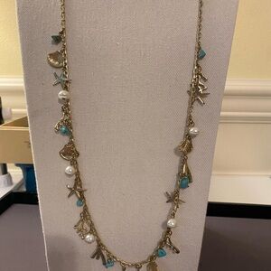Gold-tone Sea Charm Necklace with Turquoise Accents and faux Pearls